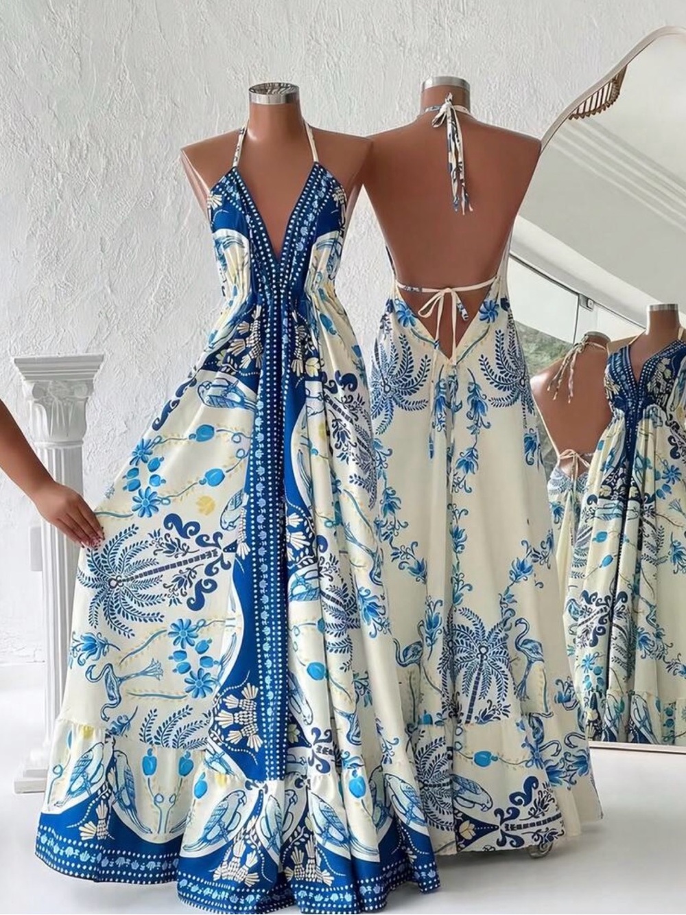 Blue & White Halter Maxi Dress with Open Back